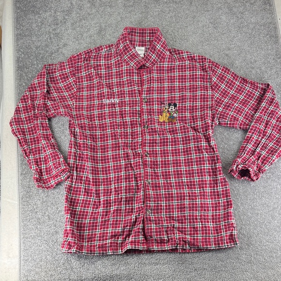Disney Other - Disney Plaid Button Up Christmas PJ Shirt Mens L Daddy Embroidered Mickey Pluto